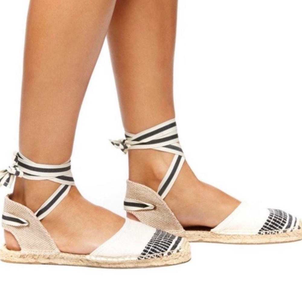 Soludos Lem Lem Women’s Espadrilles Size 7 Lace Up Black Strip Beach Flat Shoes